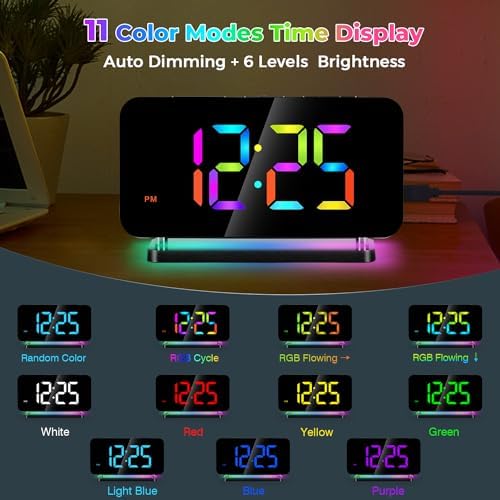 Poeroa Digital Alarm Clock with RGB Night Light and Large Display - Black