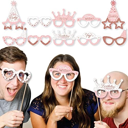 Pink Rose Gold Birthday Photo Booth Props Kit - 10 Count