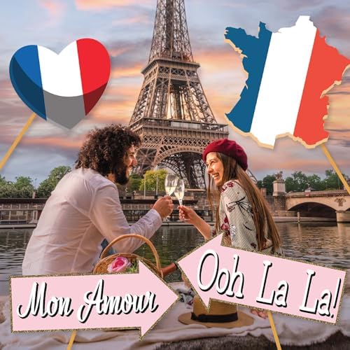 Paris Photo Booth Props 41-Pc Kit with Sign Sticks and Adhesive Pads