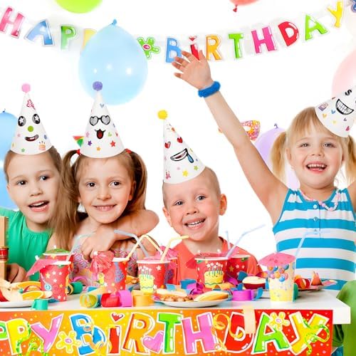 24 Pcs White DIY Birthday Party Hats with Stickers and Pom Poms