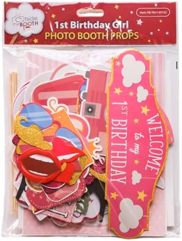 1st Birthday Photo Booth Props - 41 Piece Kit with Sign Sticks Adhesive Pads