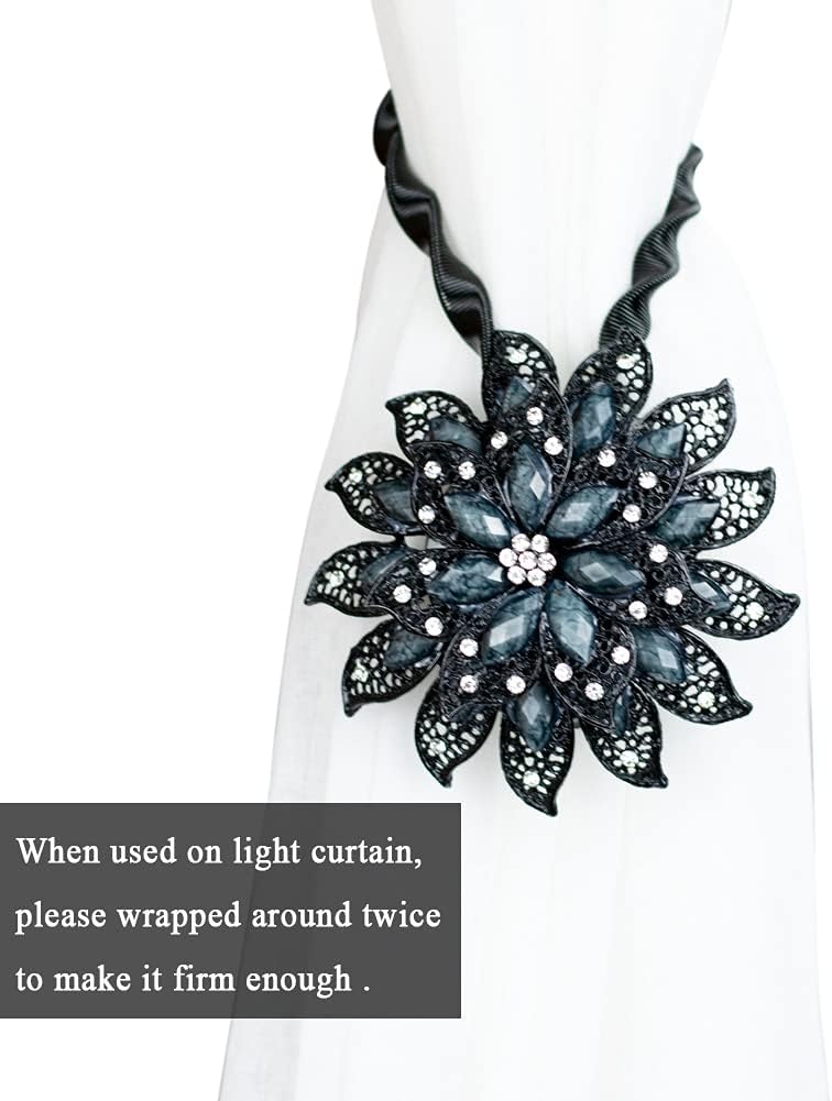 2PCS Magnetic Curtain Holdbacks with Crystal Flower Design Black