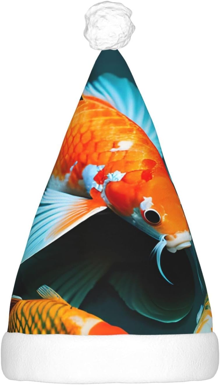 QinZheng HD Japanese Koi Fish Print Velvet Santa Hat with LED Lights