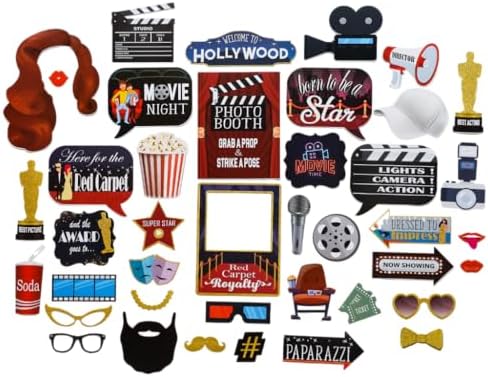 Hollywood Photo Booth Props - 41-Piece Set with Sign and Sticks