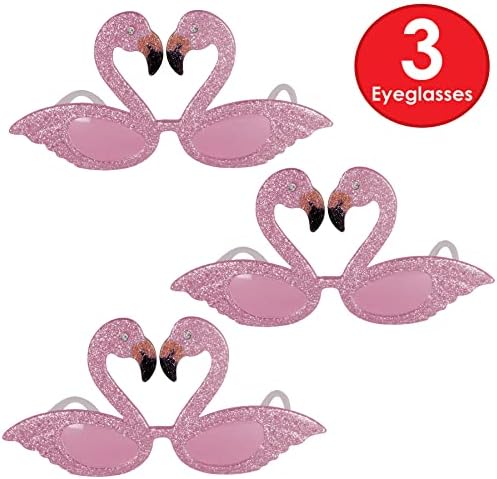 Beistle 3 Piece Glittered Flamingo Novelty Glasses for Luau Party Favors