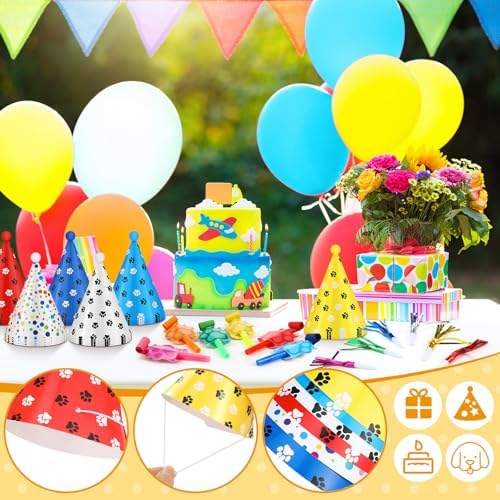 72 Pcs Dog Paw Party Hat Set with Blowers and Noise Makers