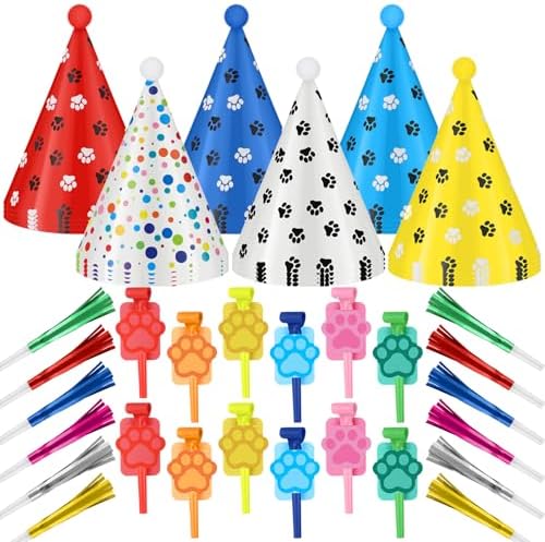72 Pcs Dog Paw Party Hat Set with Blowers and Noise Makers