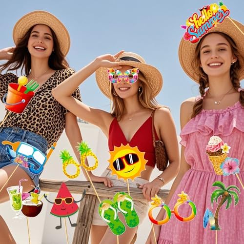 Hello Summer Photo Booth Props Set - Tropical Hawaiian Theme