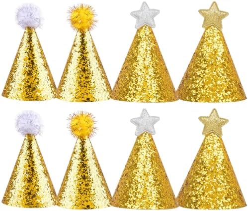 8pcs Golden Star Cone Party Hats with Glitter Ribbons