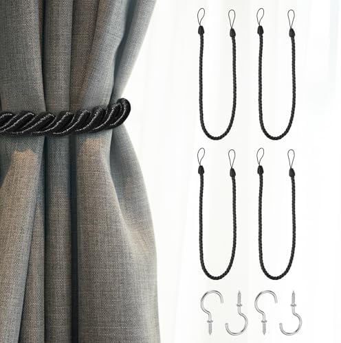 Uxcell 4 Pack Curtain Tiebacks with Metal Hooks Black
