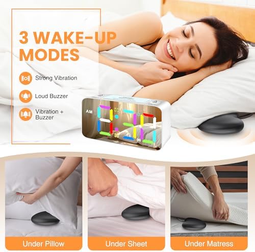 Loud Vibrating Alarm Clock with Bed Shaker and RGB Display