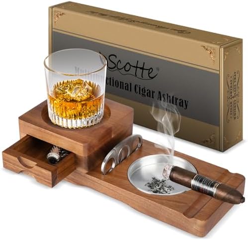 Scotte Wood Whiskey Tray with Cigar Cutter and Ashtray Drawer