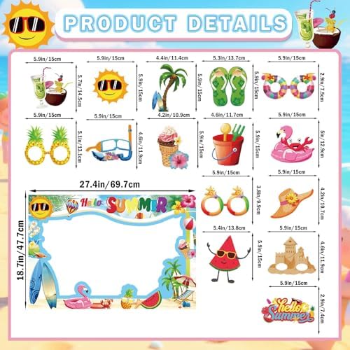 Hello Summer Photo Booth Props Set - Tropical Hawaiian Theme