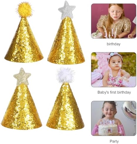 8pcs Golden Star Cone Party Hats with Glitter Ribbons