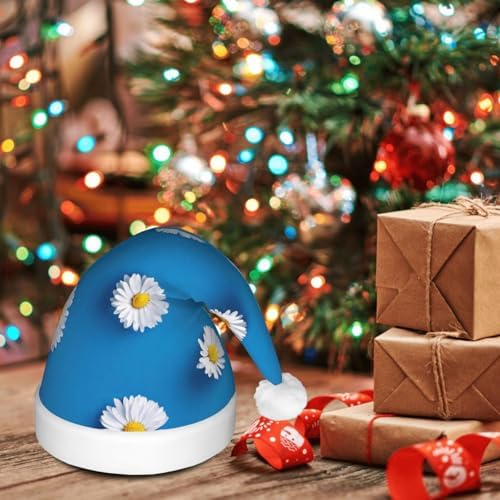 QINZHENG White Daisy Print LED Santa Hat for Adults Christmas Party