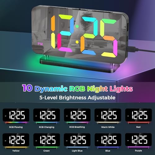 Poeroa Digital Alarm Clock with RGB Night Light and Large Display - Black