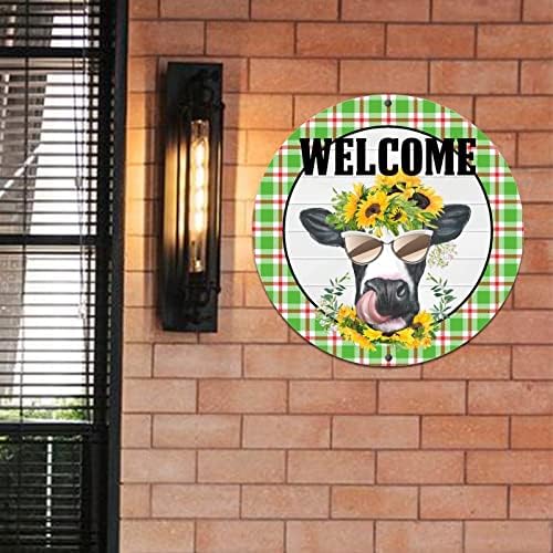 Retro Farmhouse Metal Tin Sign with Sunflowers and Cow