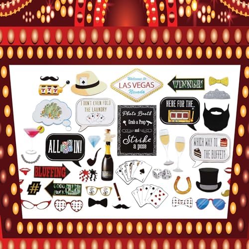 Casino Party Photo Booth Props Set - 41 Piece with Sign and Sticks