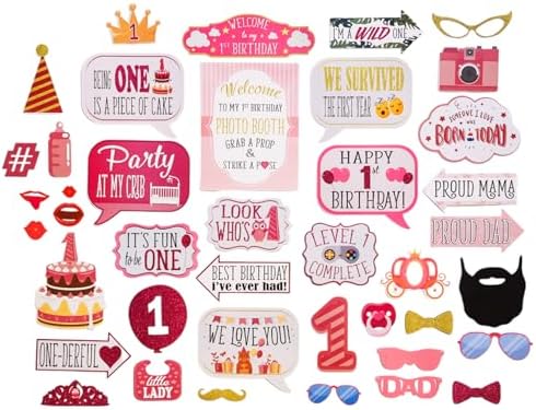 1st Birthday Photo Booth Props - 41 Piece Kit with Sign Sticks Adhesive Pads