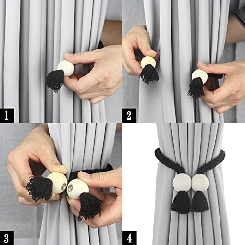 6 Pack Black Magnetic Curtain Tiebacks with Wooden Buckle