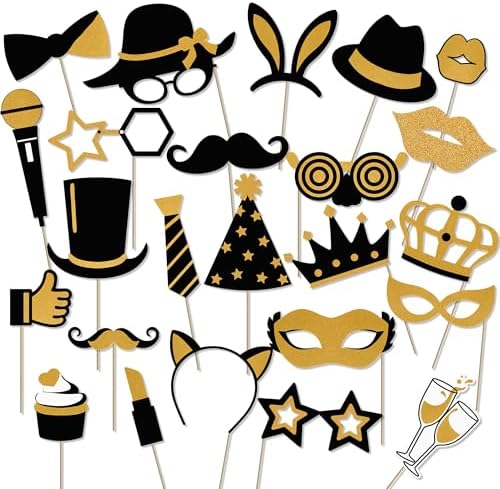 24PCS Funny Photo Booth Props Set Black Gold