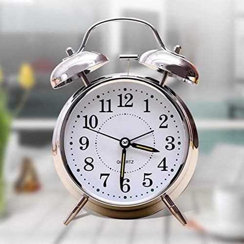 4 Inch Silent Quartz Alarm Clock with Night Light and Silver Plating