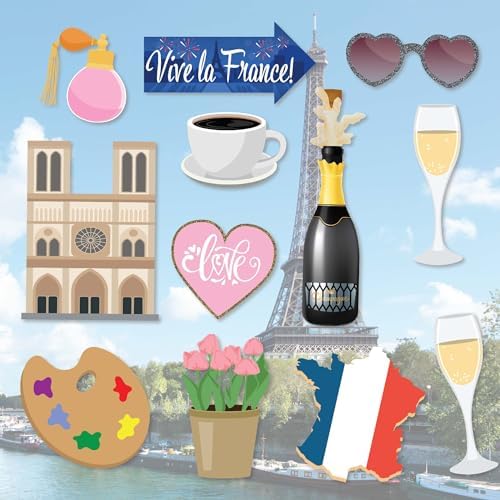 Paris Photo Booth Props 41-Pc Kit with Sign Sticks and Adhesive Pads
