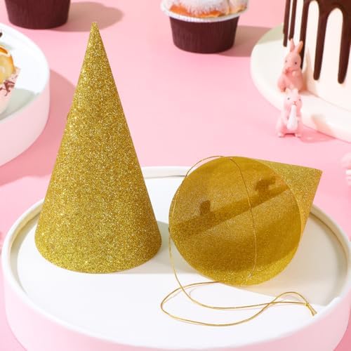 12 Pcs Cone Glitter Birthday Hats with Gold Ropes