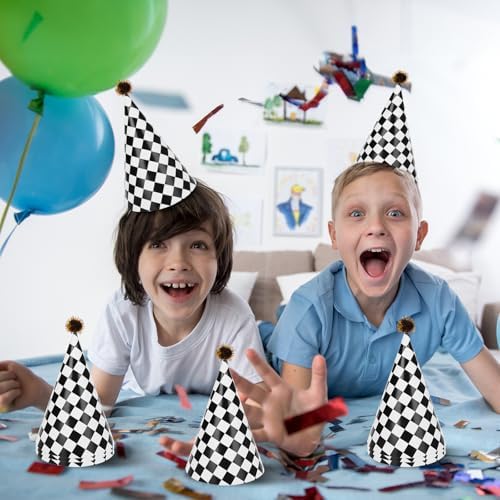 60PCS Race Car Themed Paper Cone Hats with Pom Poms and Elastic