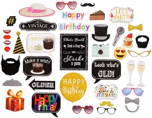 Birthday Photo Booth Props - 41pc Kit with 8x10 Sign