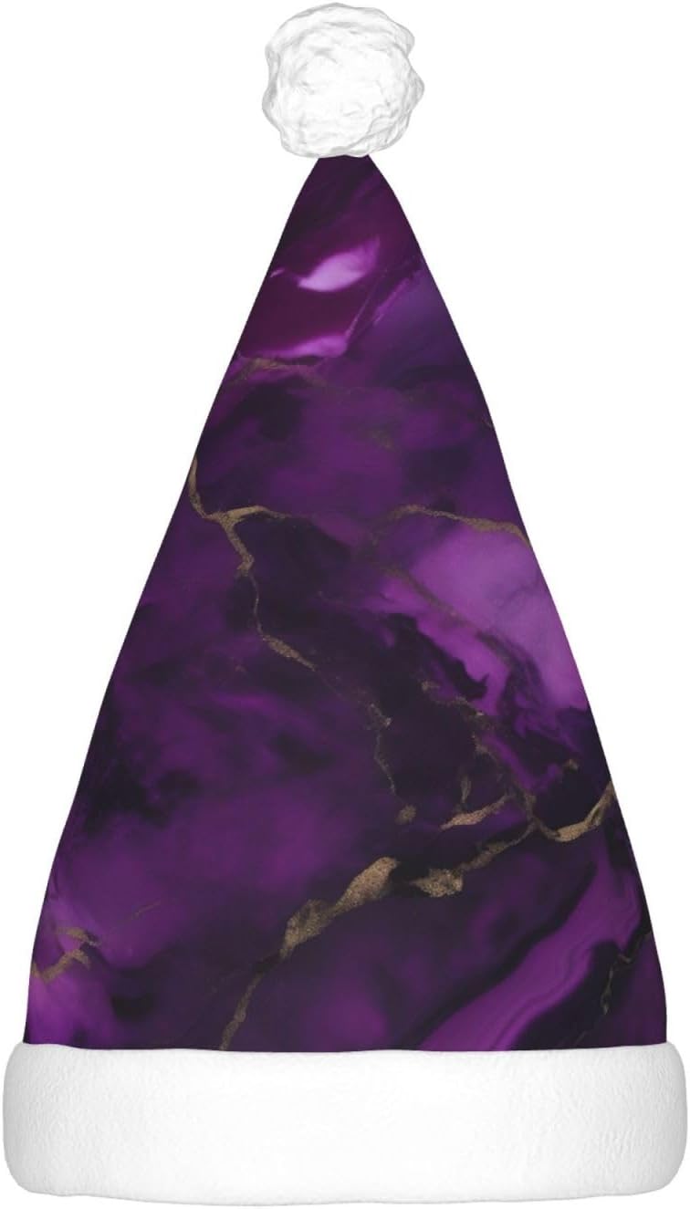 QinZheng Dark Purple Marble Print Velvet Santa Hat with LED Lights