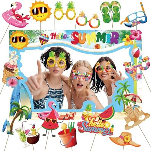 Hello Summer Photo Booth Props Set - Tropical Hawaiian Theme