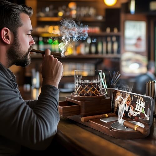 Cigar Ashtray Whiskey Glass Tray Set with Drawer