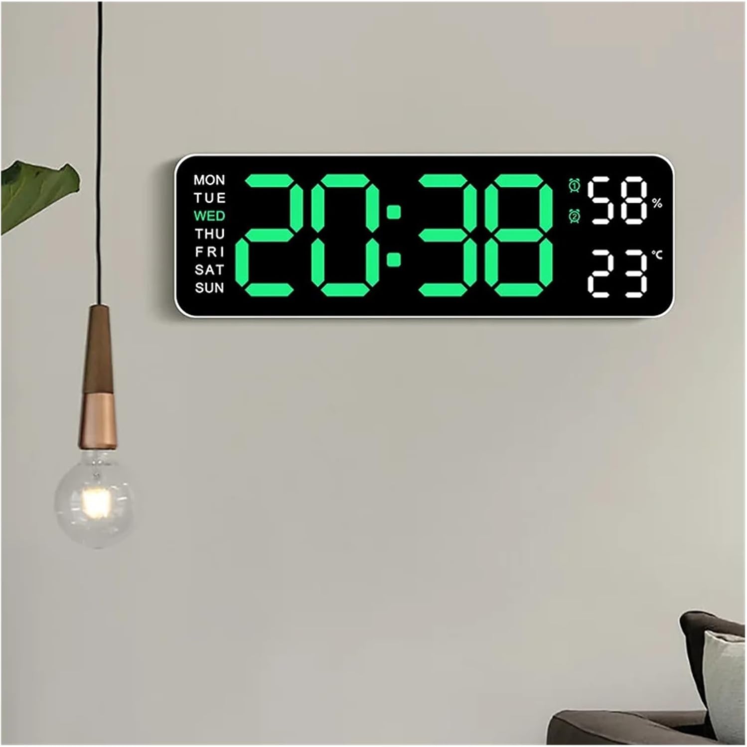 USB Powered Large Digital Wall Clock Black Green
