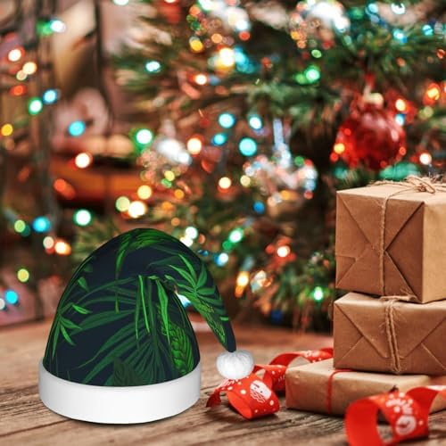 QinZheng Green Tropical Plant Print Santa Hat for Women Adult