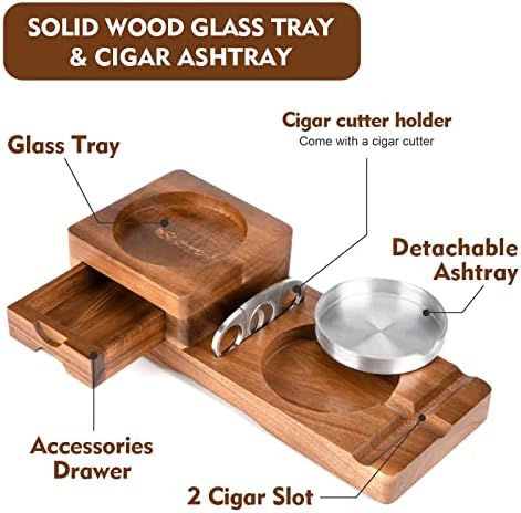 Scotte Wood Whiskey Tray with Cigar Cutter and Ashtray Drawer