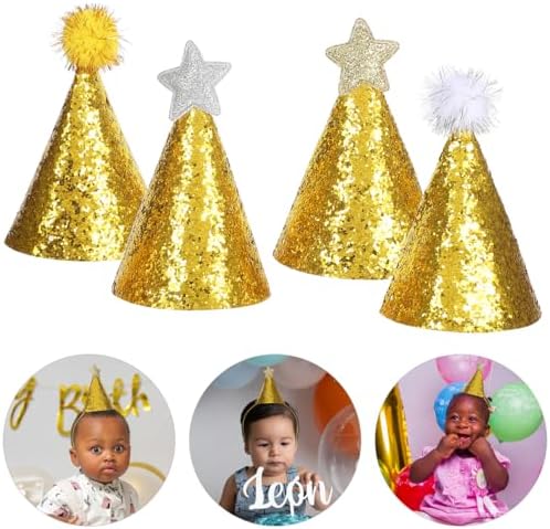 8pcs Golden Star Cone Party Hats with Glitter Ribbons