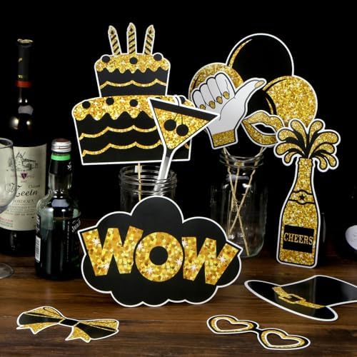 36PCS Black and Gold Photo Booth Props