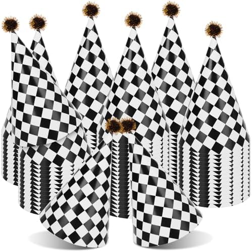 60PCS Race Car Themed Paper Cone Hats with Pom Poms and Elastic