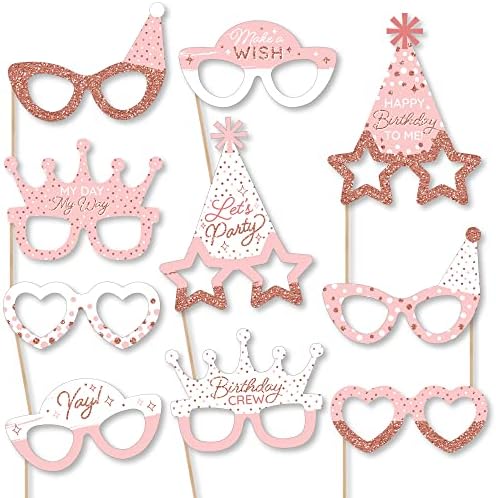 Pink Rose Gold Birthday Photo Booth Props Kit - 10 Count