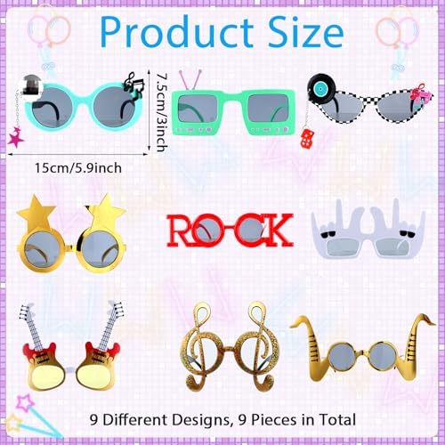 9 Pack Retro Rock Music Funny Sunglasses for Parties