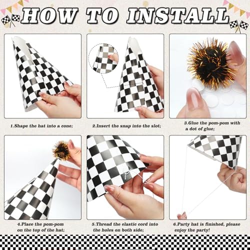 60PCS Race Car Themed Paper Cone Hats with Pom Poms and Elastic