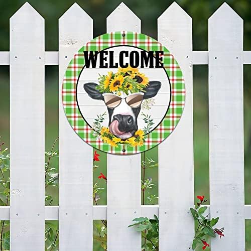 Retro Farmhouse Metal Tin Sign with Sunflowers and Cow