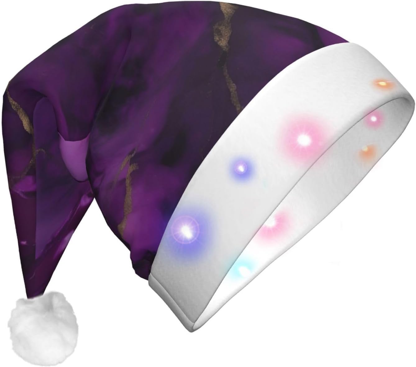 QinZheng Dark Purple Marble Print Velvet Santa Hat with LED Lights
