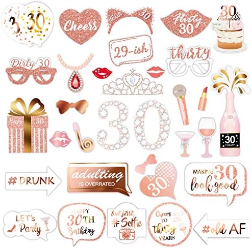 Rose Gold 30th Birthday Photo Booth Props Kit 32 Count
