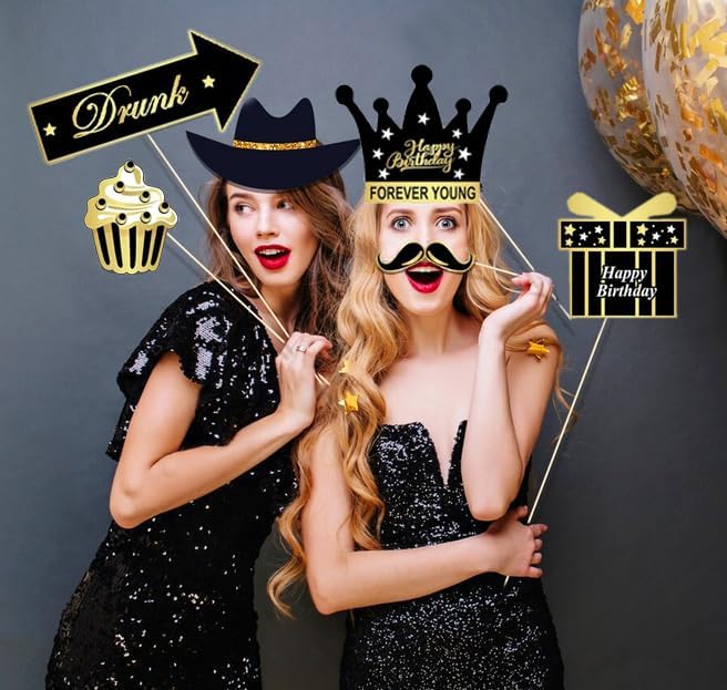 34pcs Gold and Black Birthday Photo Booth Props Kit