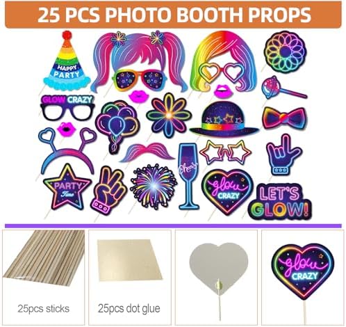 25pcs Neon Glow Party Photo Booth Props with Lets Glow Inflatable Selfie Frame