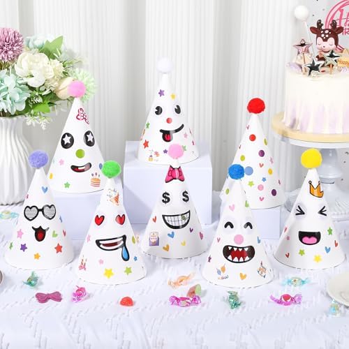 24 Pcs White DIY Birthday Party Hats with Stickers and Pom Poms