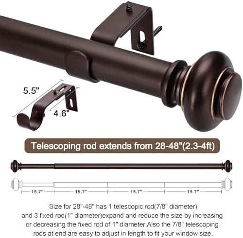 SIMEWIN Bronze Curtain Rods 28-48 Inches Adjustable Classic Finials