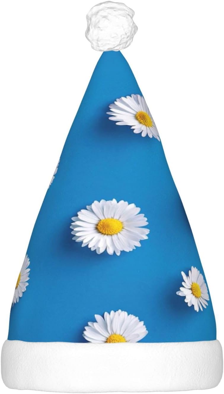 QINZHENG White Daisy Print LED Santa Hat for Adults Christmas Party